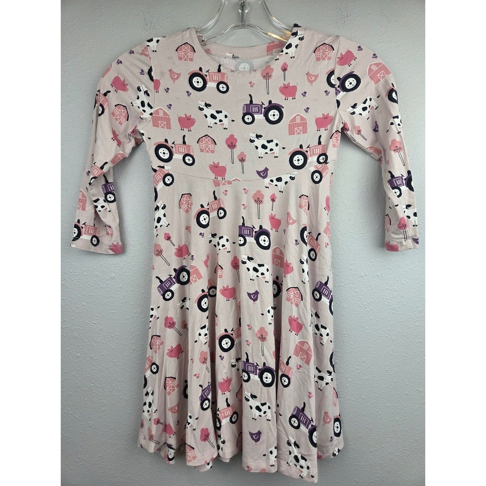 Sweet Bamboo Girls Pink Farm Tractor Cow Barn Twirl Dress Long Sleeve Size 5Y
